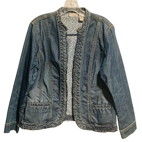 CHICO's PLATINUM Jean Jacket Size 2 ( Size L / 12 ) Ruffle Detail Band Collar - Picture 1 of 7